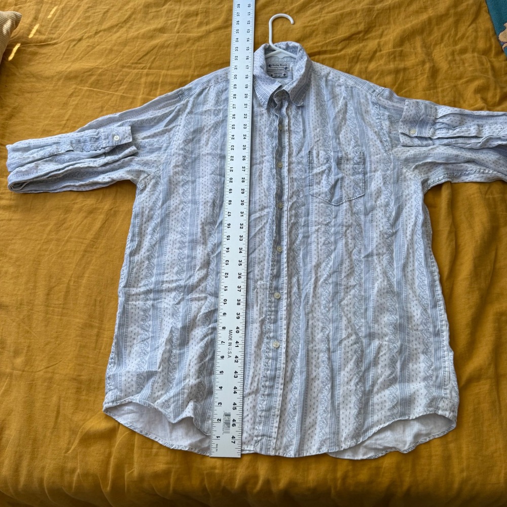 Lucky Brand Mens Large 100% Linen Blue White Paisley Striped Button Down Shirt - Picture 4 of 5